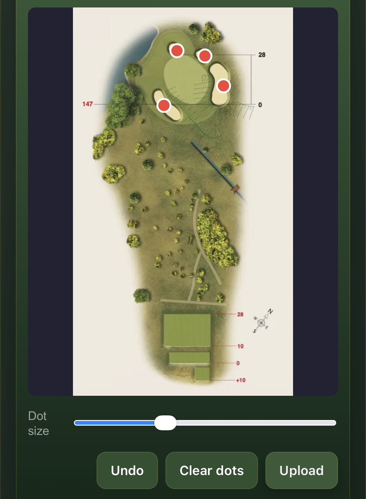 Red bunker position dots placed on a hole map