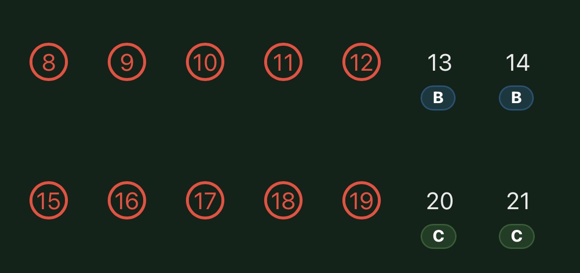 Calendar dates circled red to show blocked days