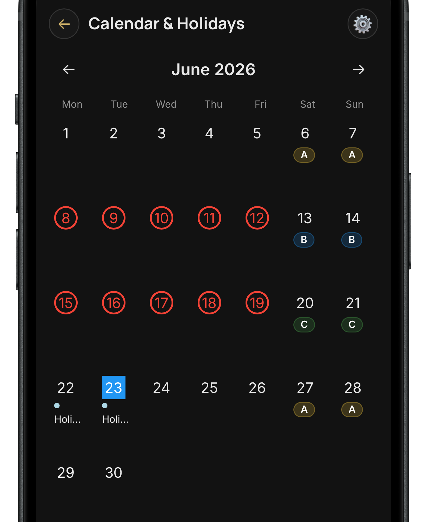 Calendar and holidays screen
