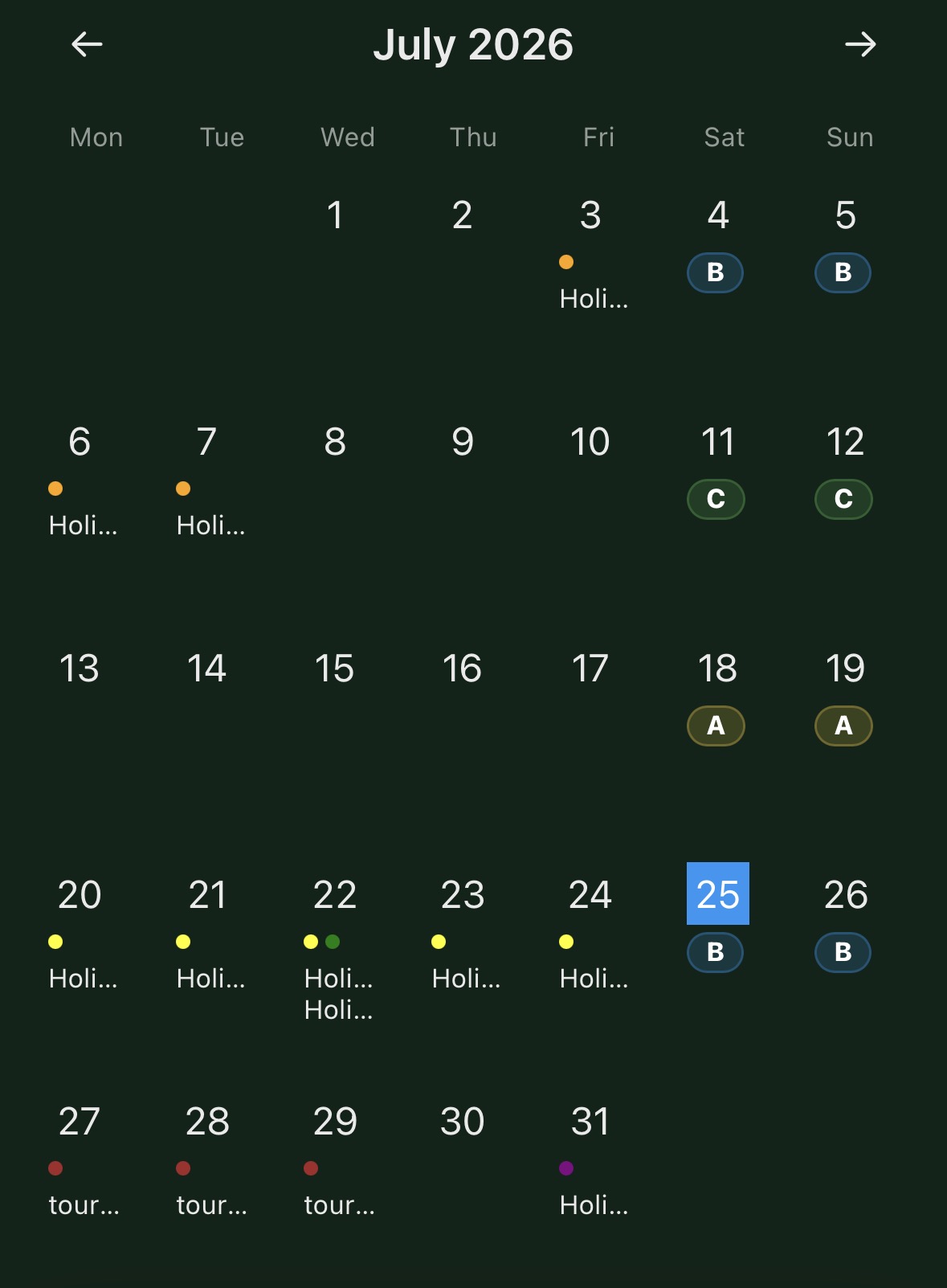 Calendar with holidays, events and weekend rota