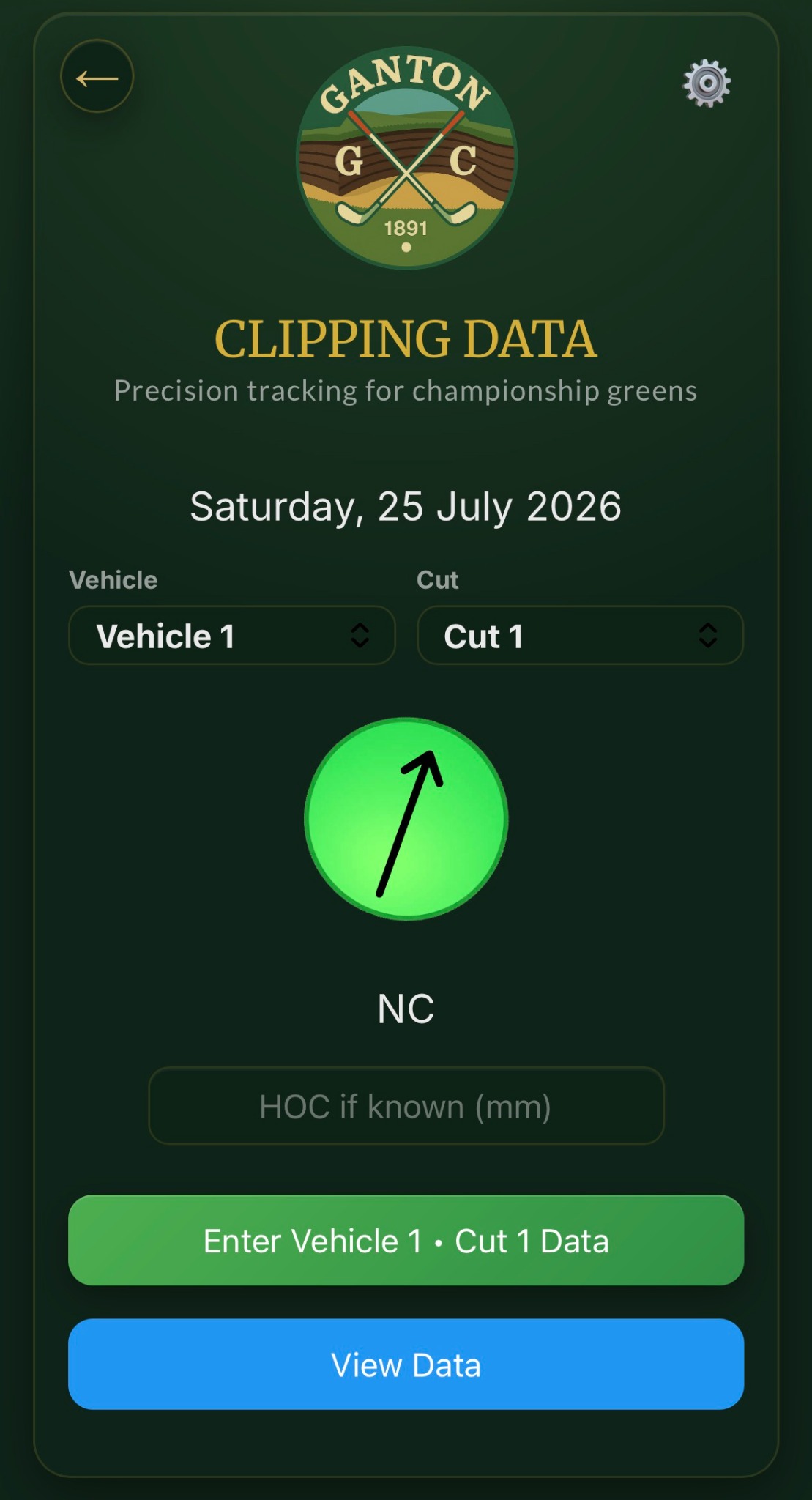 Clipping Data home screen with vehicle, cut, arrow and buttons