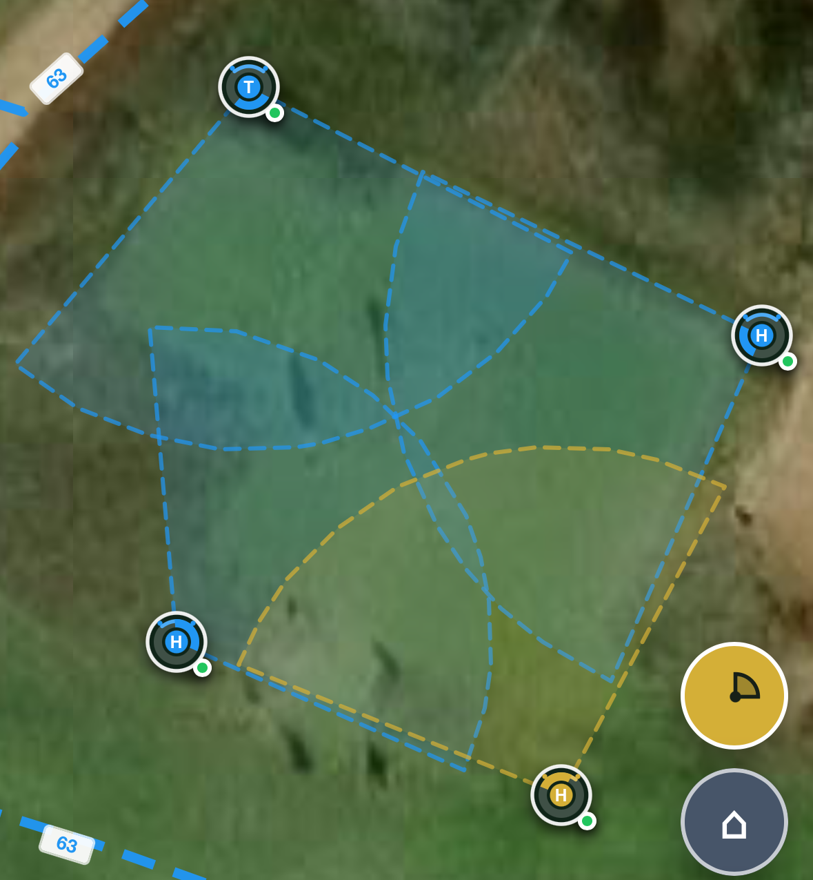 Several sprinkler coverage areas displayed together