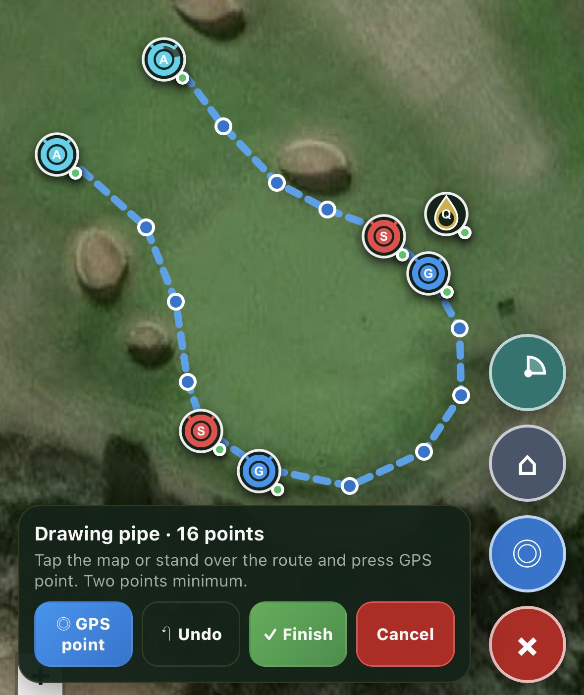 Drawing an irrigation pipe route using map and GPS points