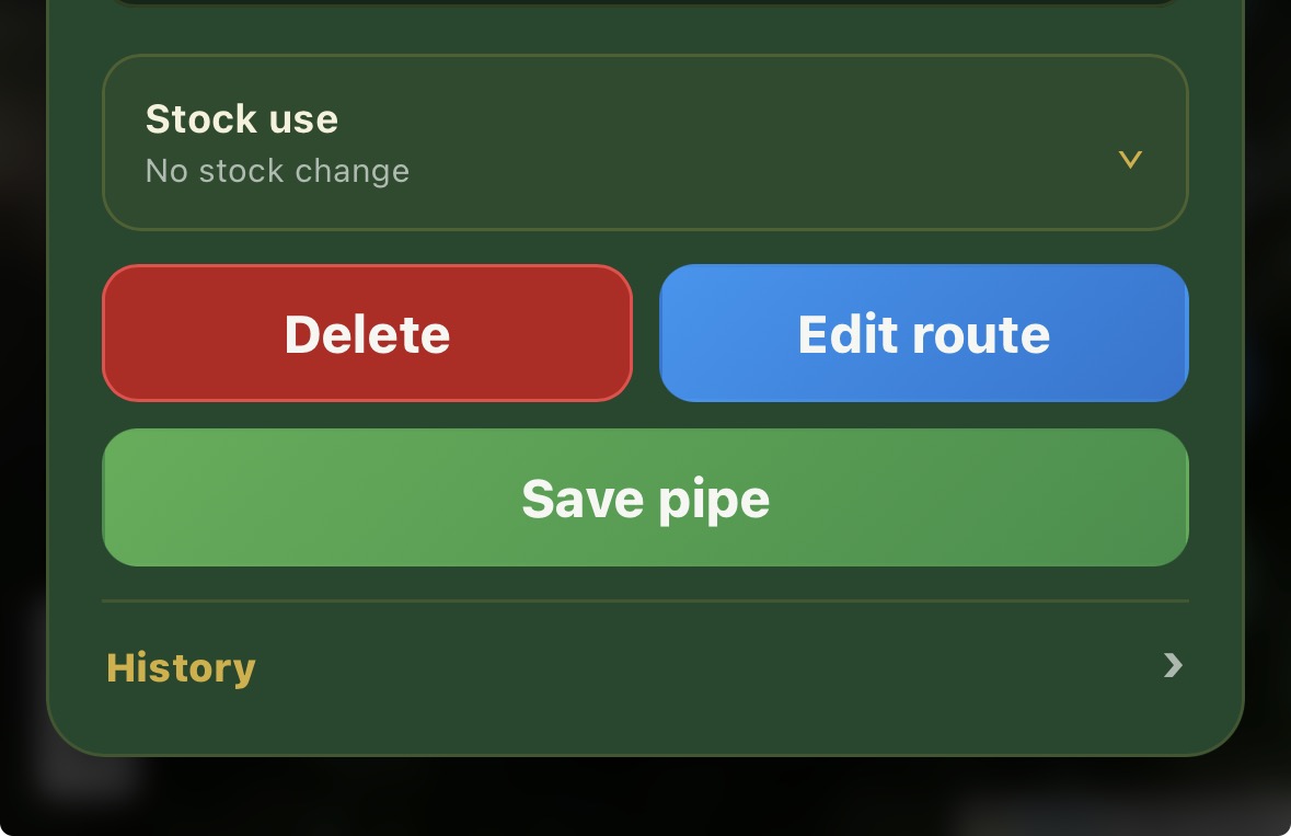 Edit route button for an existing irrigation pipe