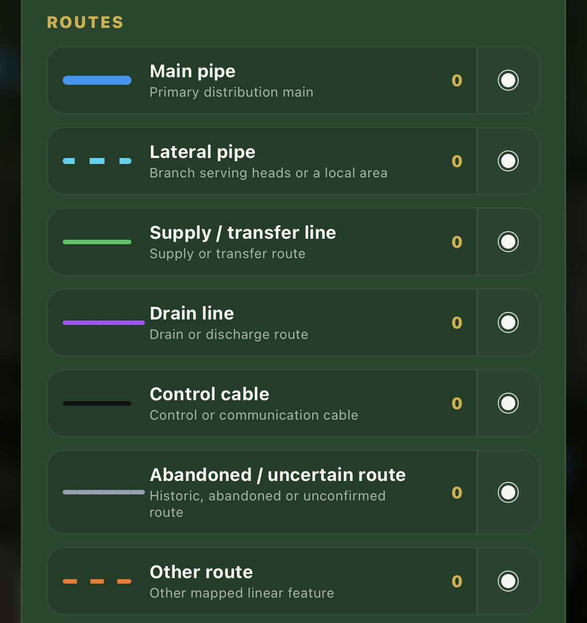 Map key showing irrigation route styles