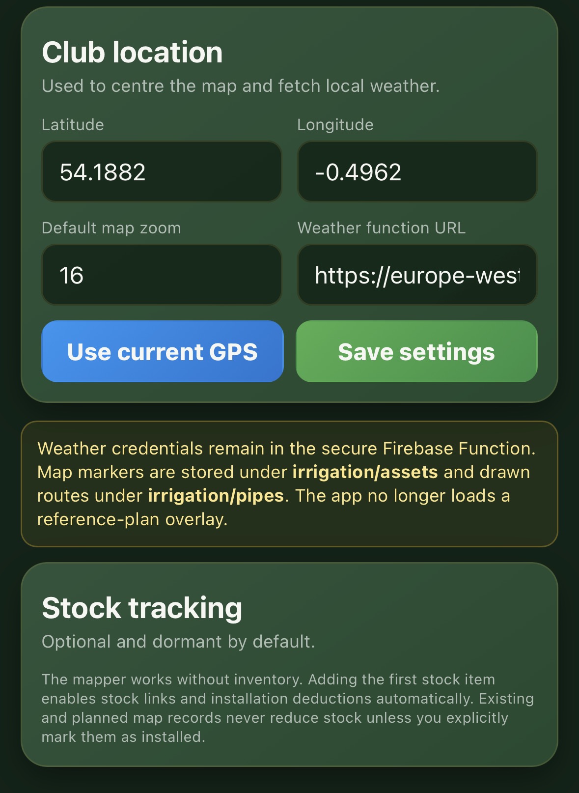 Irrigation club location and default zoom settings