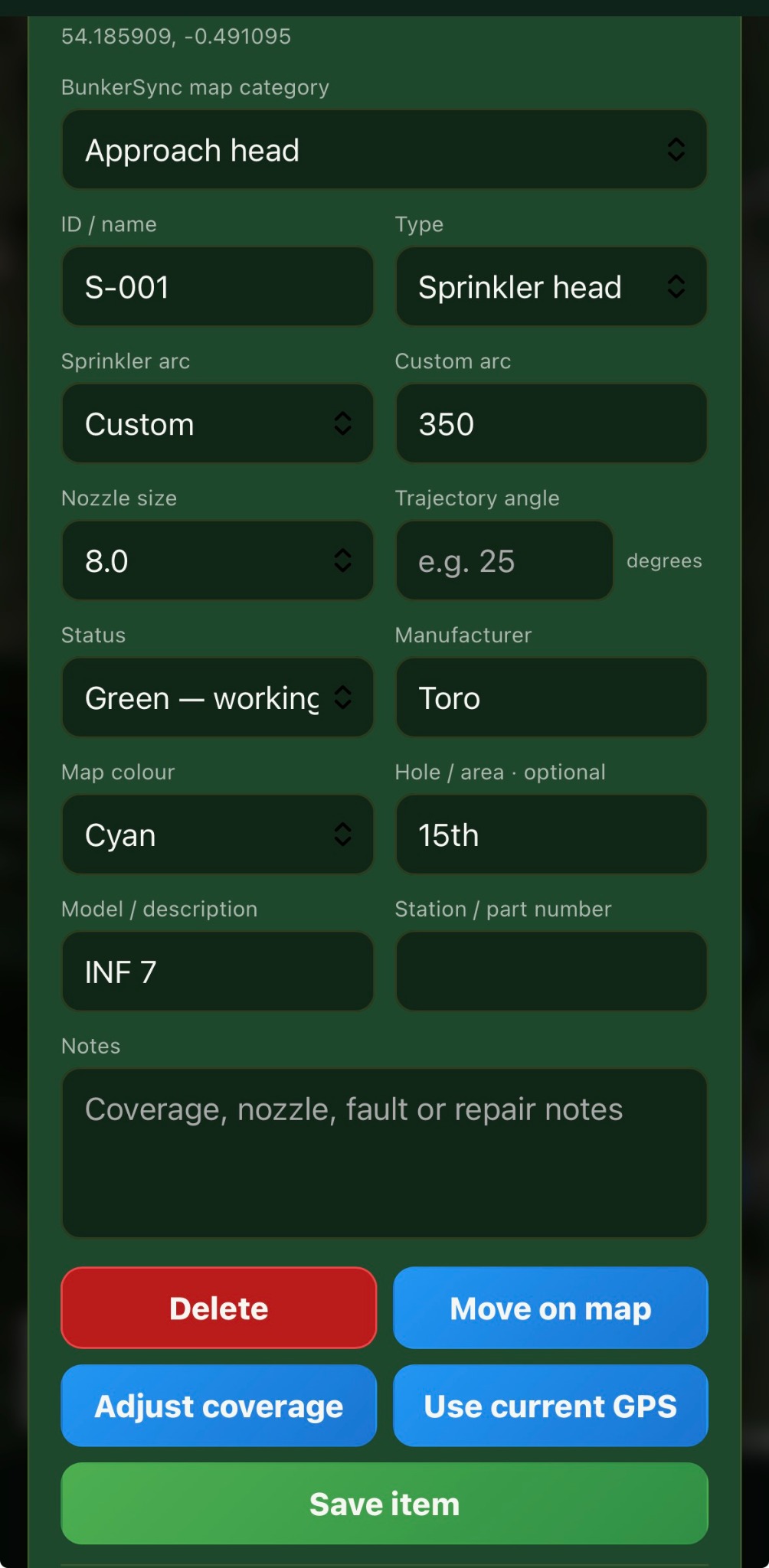 Detailed sprinkler head information form