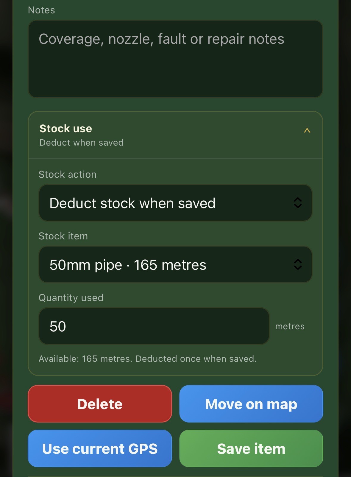 Stock use controls deducting pipe quantity when saved