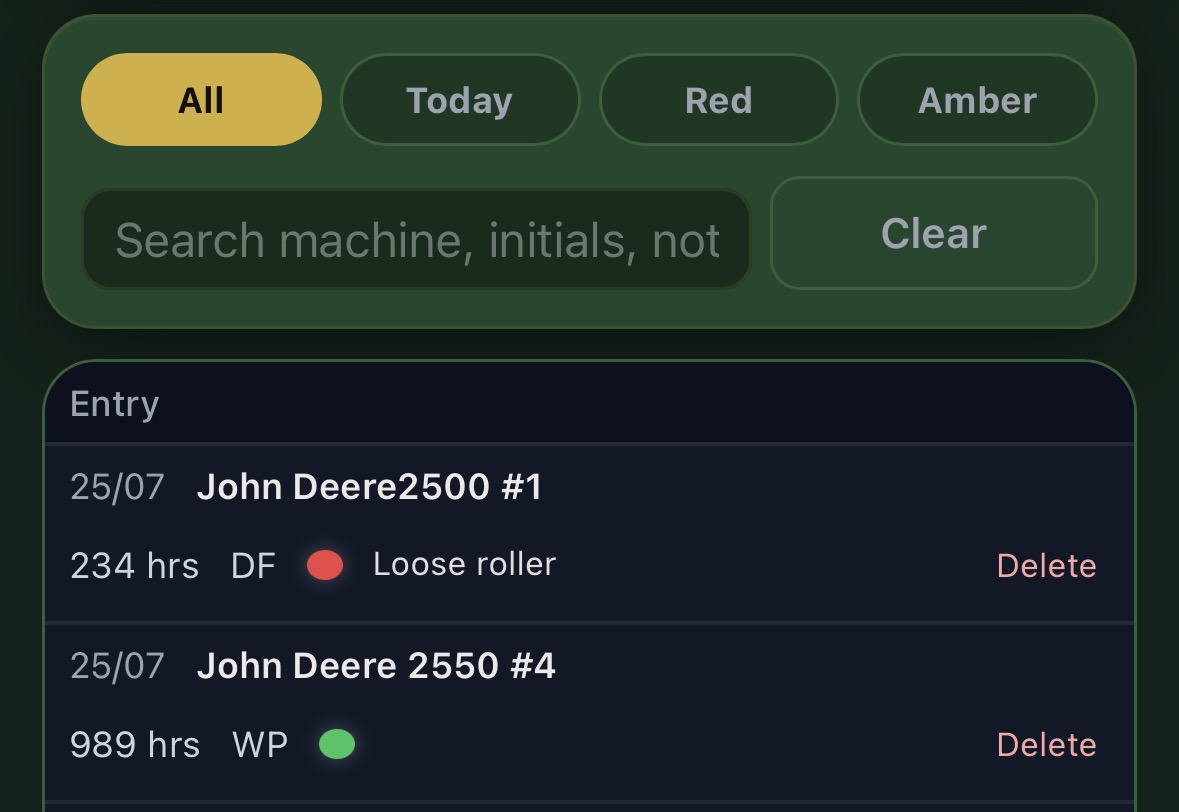 Maintenance history filters and machine entries