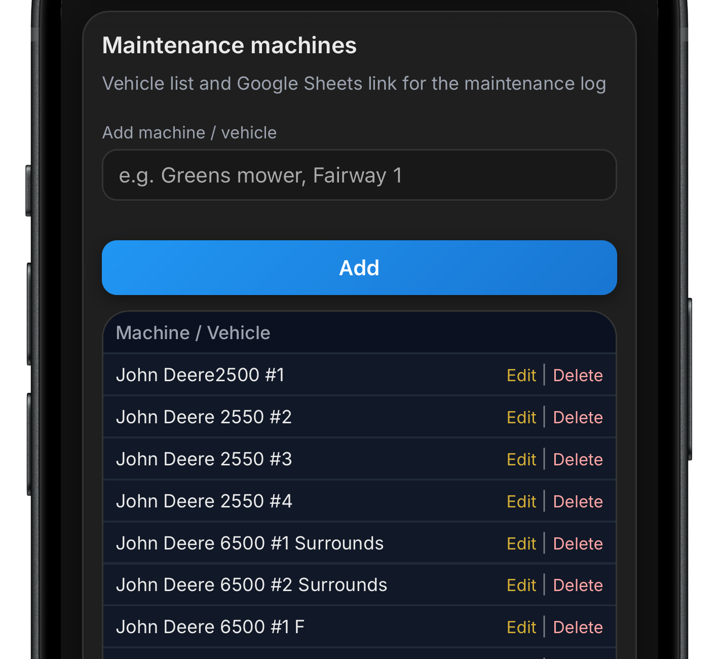 Maintenance settings add machine screen
