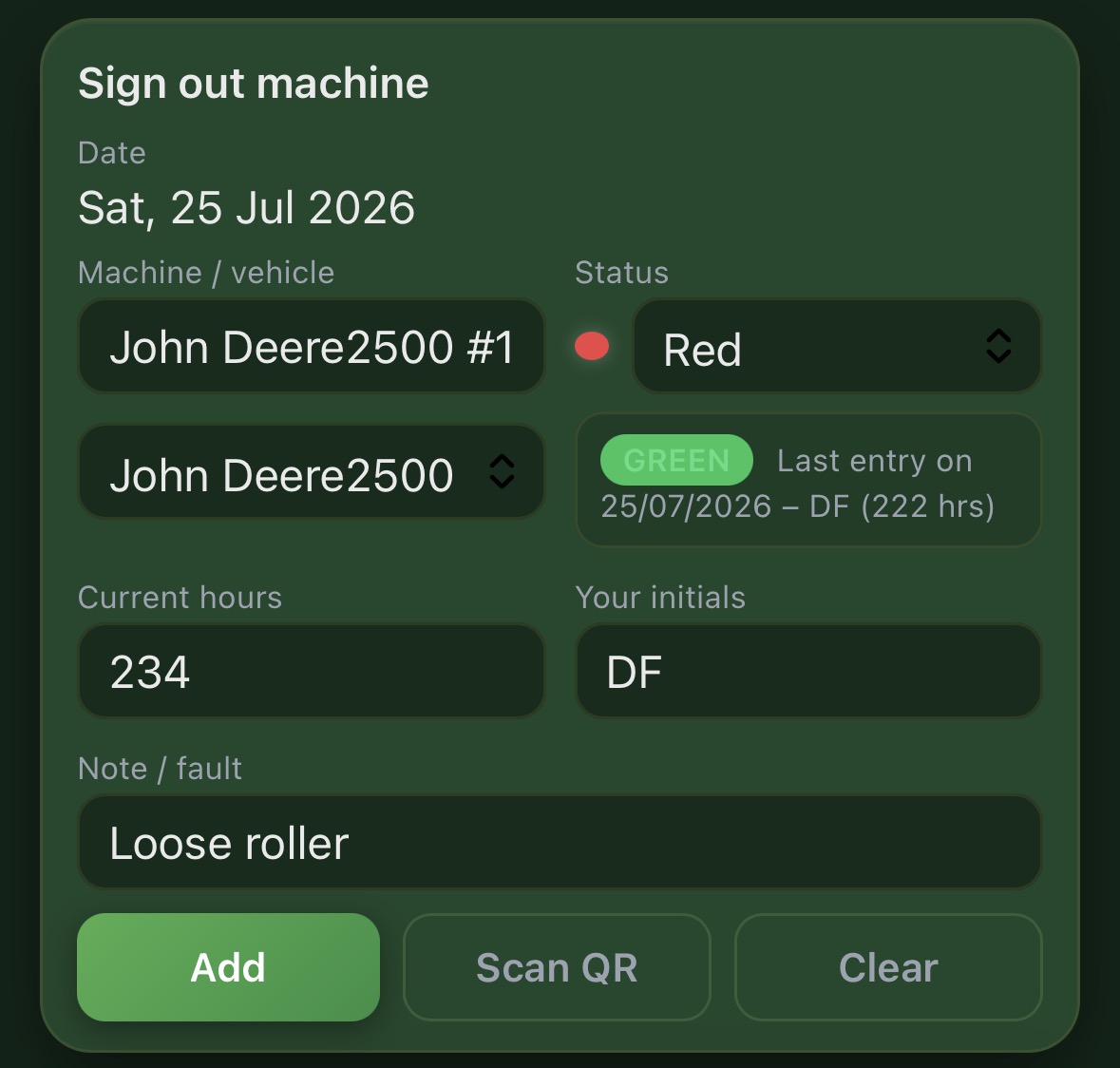 Maintenance Log machine sign-out form