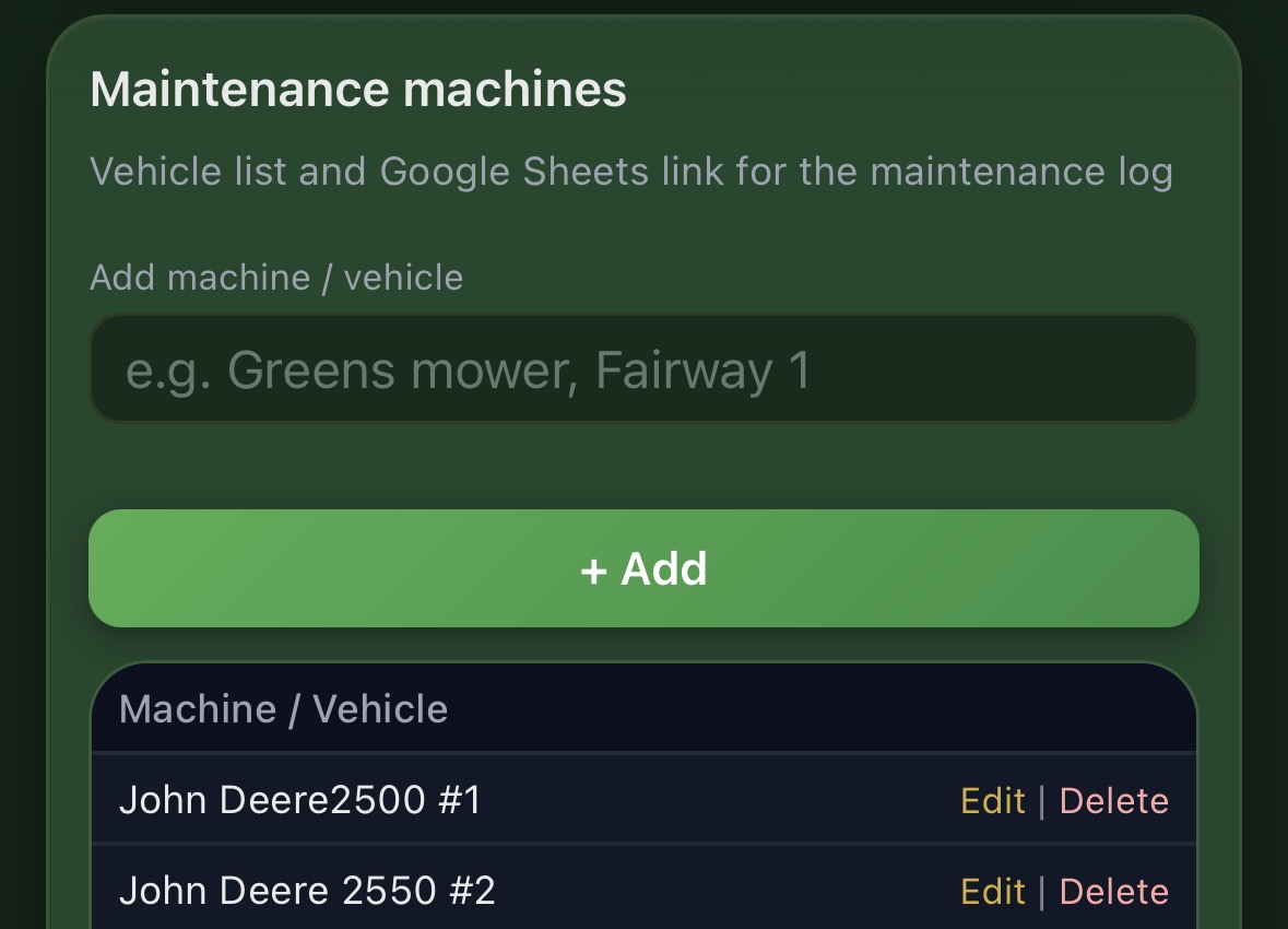 Maintenance machine list in Team Hub settings