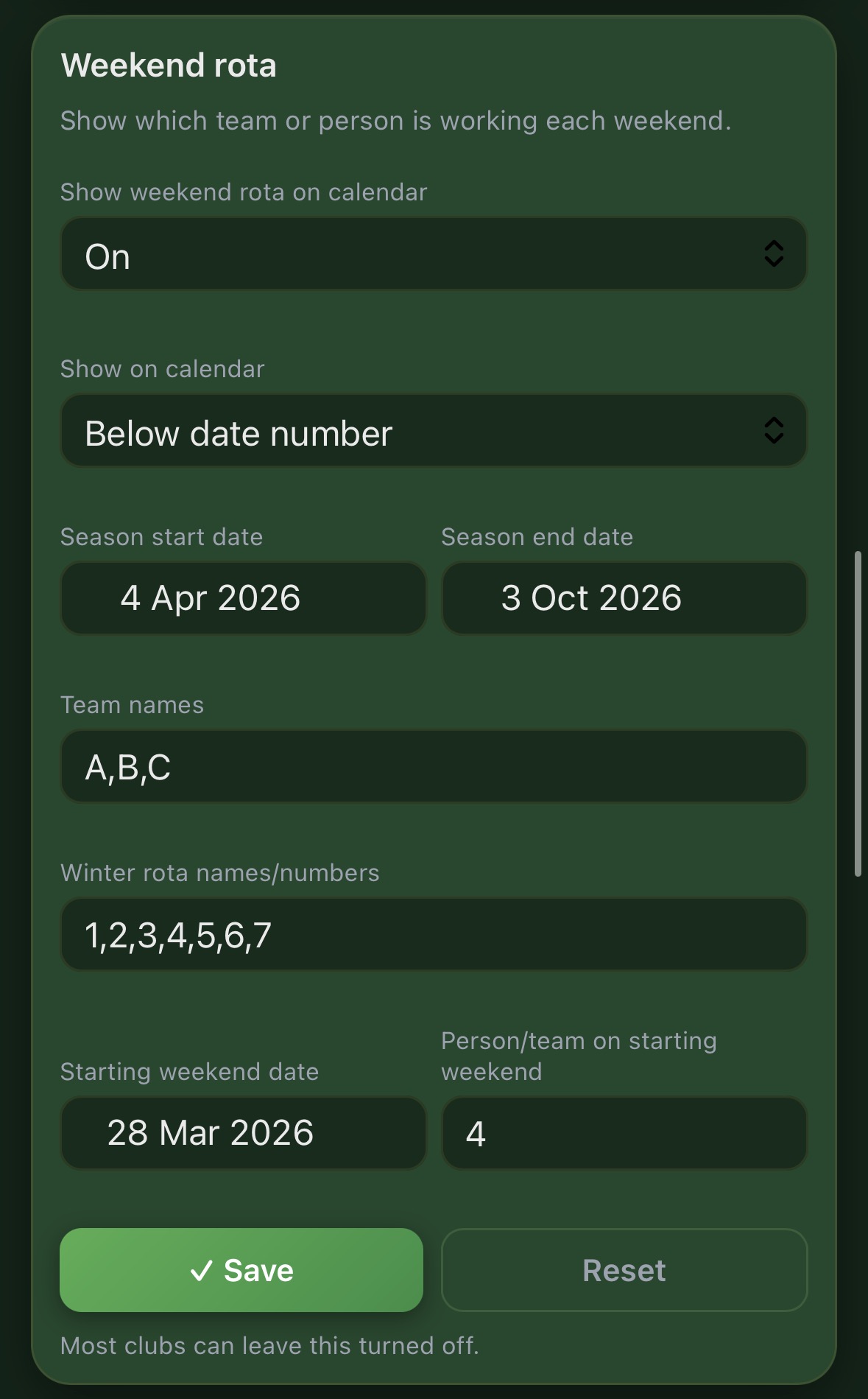 Weekend rota setup with summer and winter rotation