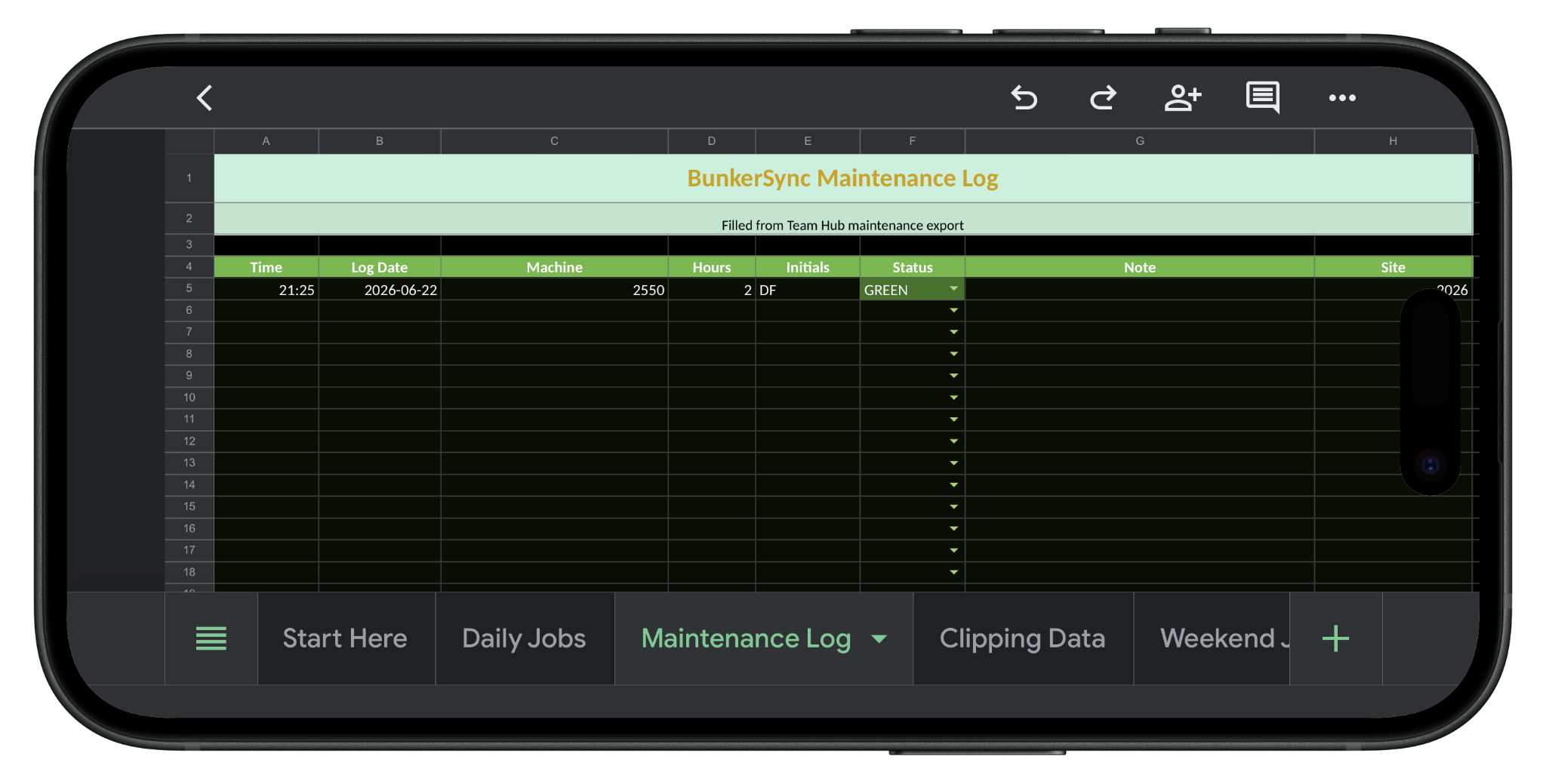 BunkerSync Google Sheets maintenance log example