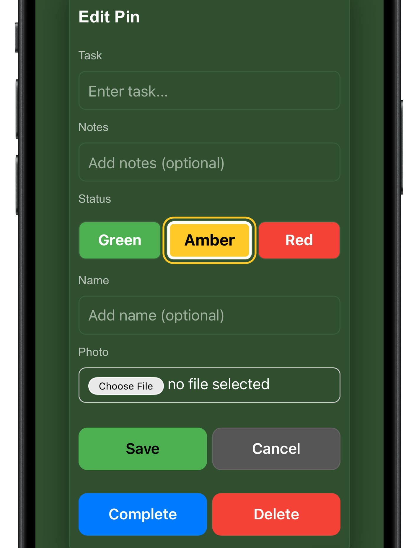 Snagging edit pin screen