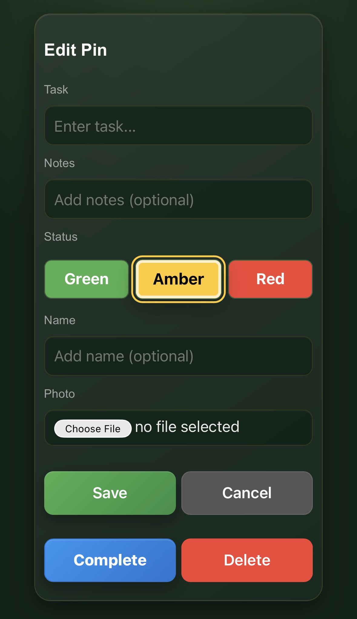 Snagging Edit Pin form with task, notes, status, name and photo