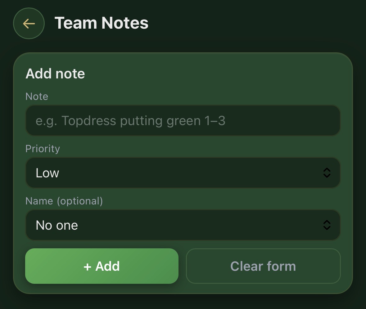 Team Notes add note form with priority and optional name