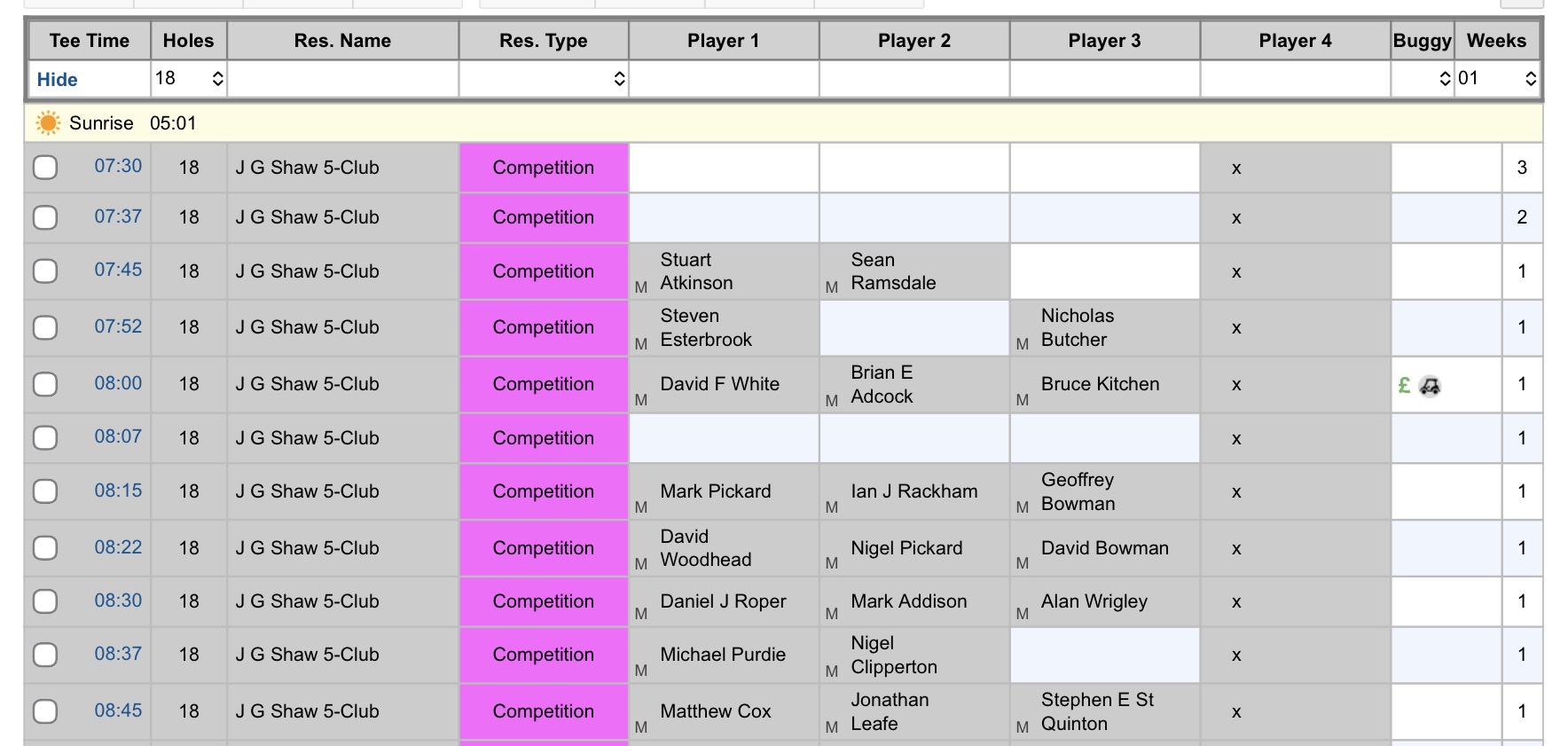 Example club tee sheet with tee times and player names