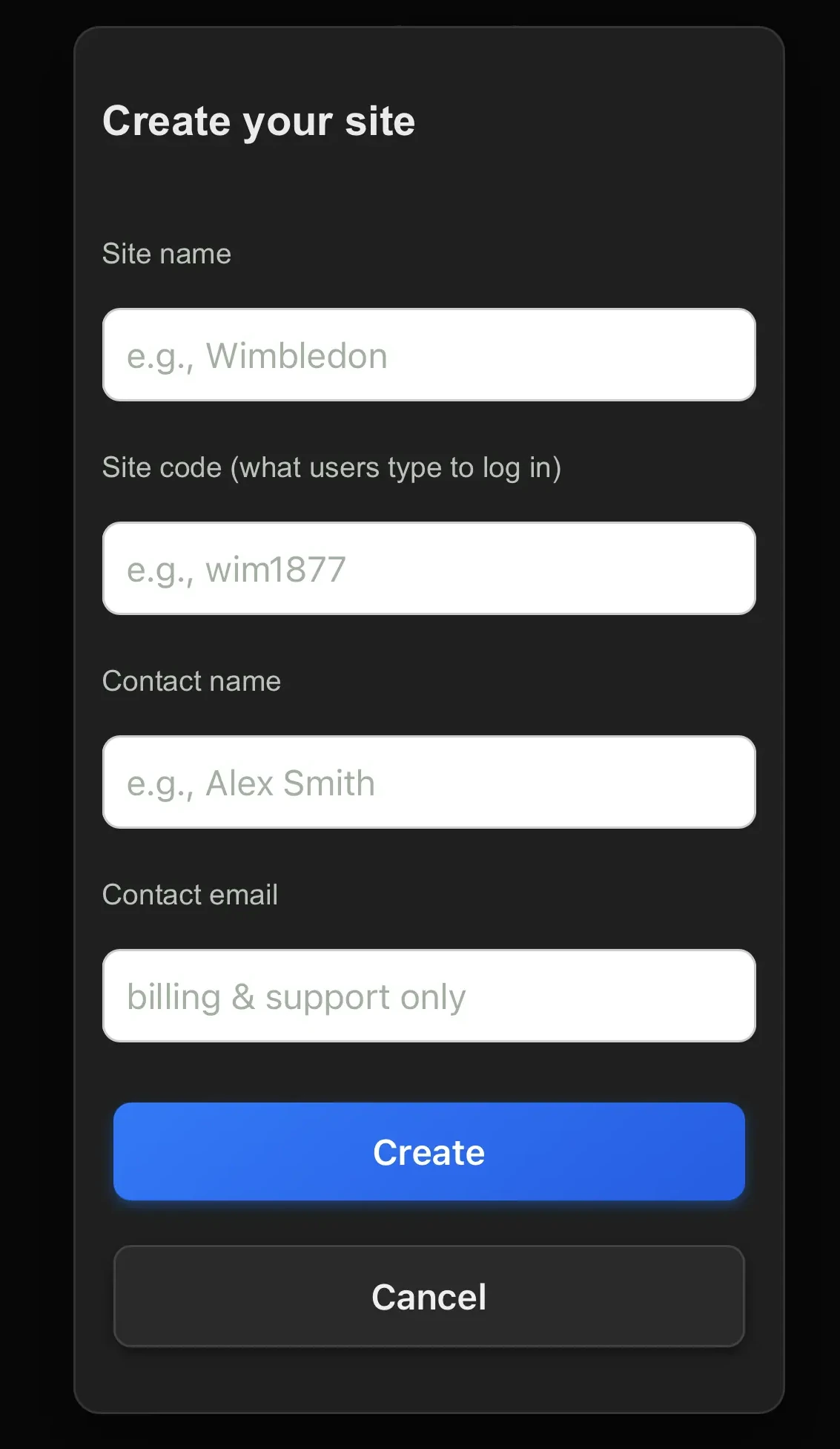 Create site form