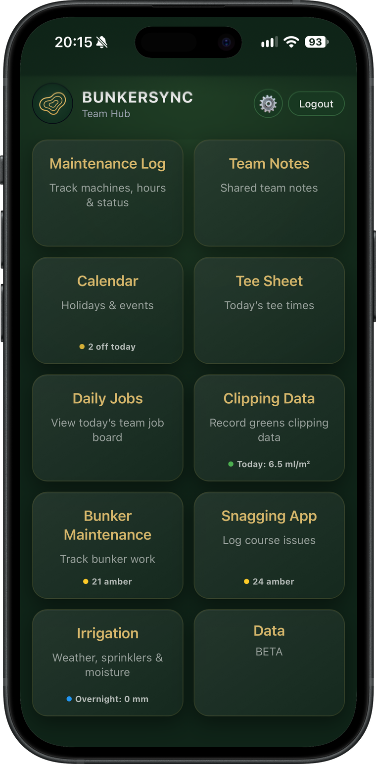 BunkerSync Team Hub home screen on an iPhone